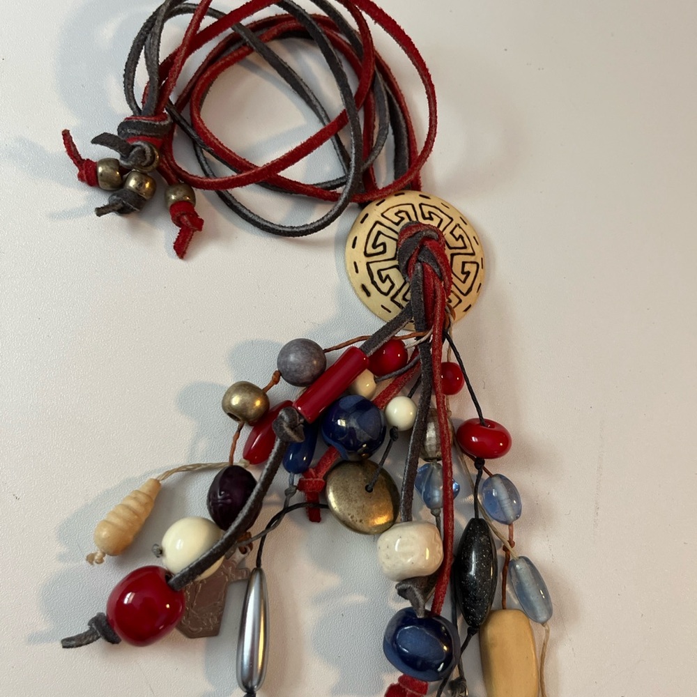 21” Red & Blue Bohemian Multi-Bead Tassel Necklace